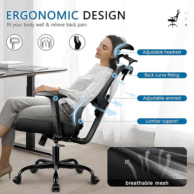 Office Chair Ergonomic Desk Chair Comfy Computer Chair, Big and Tall Home Office Chair with Back Support, Mesh Office Chair High Back Gaming Chair with Adjustable Armrest (White) - LeafyLoom