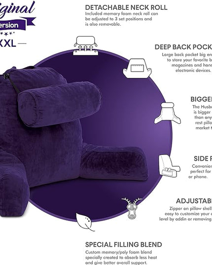 Husband Pillow XXL Purple Backrest with Arms - Adult Reading Pillow with Shredded Memory Foam, Ultra-Comfy Removable Microplush Cover & Detachable Neck Roll, Unmatched Support Bed Rest Sit Up Pillow - LeafyLoom