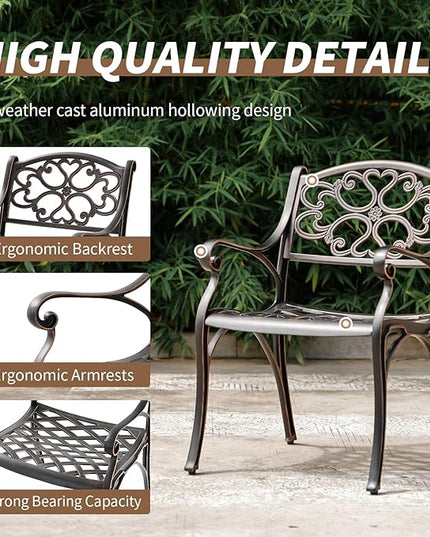 Cast Aluminum Patio Dining Set, Outdoor Bistro Set, 31.5"" Round Patio Table with Umbrella Hole, 2 Patio Chairs for Yard Porch Garden Balcony, Bronze 4 - LeafyLoom
