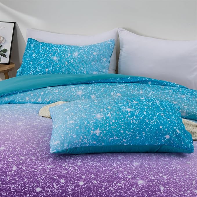 Holawakaka Kids Space Star Glitter Comforter Set Queen Size Girls Ombre Blue & Purple Print Gradient Teens Bedding Set Teens Galaxy Bed Sets (Blue Purple, Queen) - LeafyLoom
