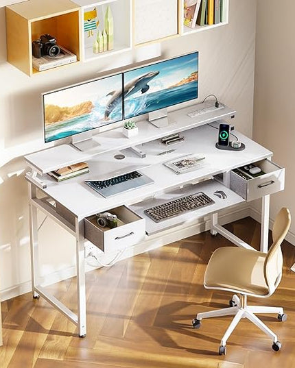 ODK White Computer Desk with Drawers, 48 Inch Office Desk with Power Outlet, PC Desk with Keyboard Tray, Study Table Work Desk with Monitor Shelf, Writing Desk for Home Office, White - LeafyLoom