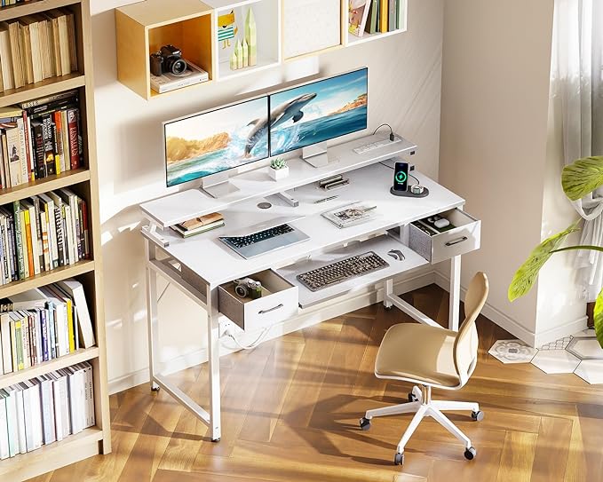 ODK White Computer Desk with Drawers, 48 Inch Office Desk with Power Outlet, PC Desk with Keyboard Tray, Study Table Work Desk with Monitor Shelf, Writing Desk for Home Office, White - LeafyLoom