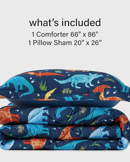 Twin Dinosaur Kids Bedding Set for Boys, 2 Pieces Twin Dinosaur Kids Comforter Sets for Boys, Super Soft Lightweight for All Seasons, Includes 1 Comforter (66"x86") and 1 Pillowcase(20"x26"+2") - LeafyLoom