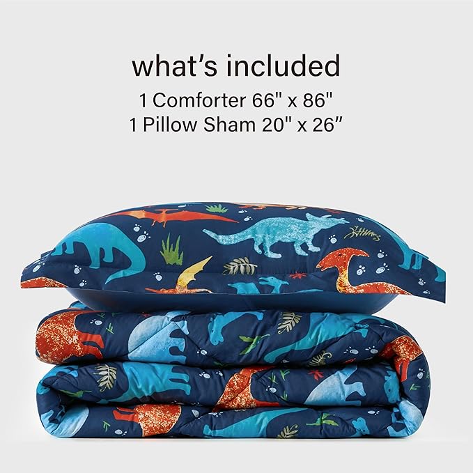Twin Dinosaur Kids Bedding Set for Boys, 2 Pieces Twin Dinosaur Kids Comforter Sets for Boys, Super Soft Lightweight for All Seasons, Includes 1 Comforter (66"x86") and 1 Pillowcase(20"x26"+2") - LeafyLoom