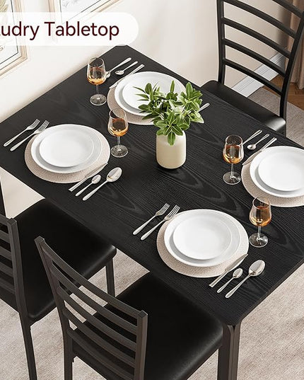 Black Dining Table Set for 4, Kitchen Table and Chairs for 4, 5 Piece Kitchen Dining Room Table Set,Space-Saving Wood Modern Rectangle Dinner Table Dinette Furniture for Breakfast Nook,Home Office - LeafyLoom