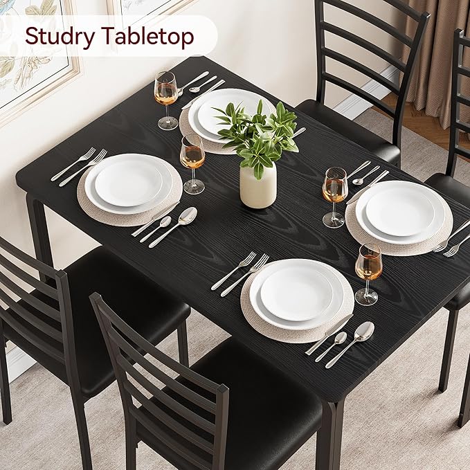 Black Dining Table Set for 4, Kitchen Table and Chairs for 4, 5 Piece Kitchen Dining Room Table Set,Space-Saving Wood Modern Rectangle Dinner Table Dinette Furniture for Breakfast Nook,Home Office - LeafyLoom