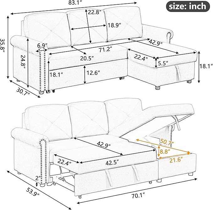 83'' L-Shape Convertible Sleeper Sectional Sofa with Storage Chaise and Pull-Out Bed, Velvet Upholstered Reversible Corner Couch w/Tufted Cushions, for Living Room, Apartment - LeafyLoom