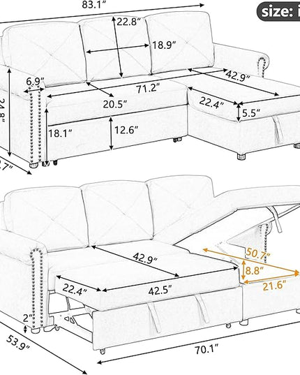 83'' L-Shape Convertible Sleeper Sectional Sofa with Storage Chaise and Pull-Out Bed, Velvet Upholstered Reversible Corner Couch w/Tufted Cushions, for Living Room, Apartment - LeafyLoom