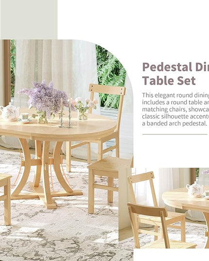 Merax 5-Piece, Natural Rustic Set with Round Pedestal Extendable Table and 15.7" Removable Leaf, Simple Dining Chirs for Small Places - LeafyLoom
