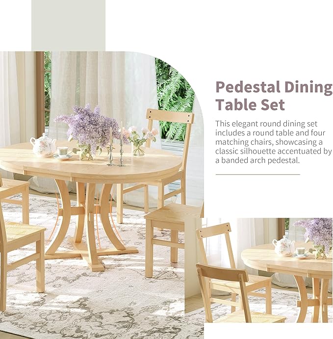 Merax 5-Piece, Natural Rustic Set with Round Pedestal Extendable Table and 15.7" Removable Leaf, Simple Dining Chirs for Small Places - LeafyLoom
