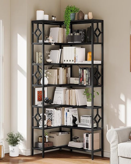 YITAHOME 7 Tier Corner Bookshelf Reversible Bookcase, Tall Bookshelf Display Rack Shelf with Metal Frame for Living Room, Bedroom, Home Office, Black - LeafyLoom