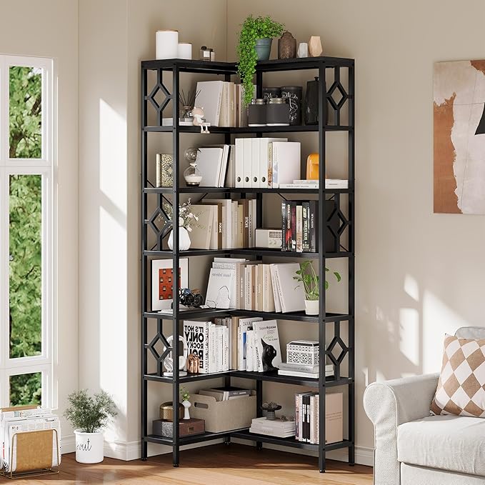 YITAHOME 7 Tier Corner Bookshelf Reversible Bookcase, Tall Bookshelf Display Rack Shelf with Metal Frame for Living Room, Bedroom, Home Office, Black - LeafyLoom