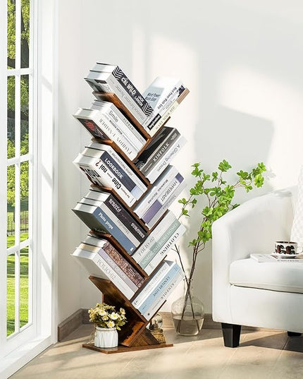 10 Tier Tree Book Shelf, Floor Standing Wood Bookshelf for Narrow Space, Storage Organizer Bookshelves for Books/CDs/Magazine, Bookcase with Shelves for Home Office, Living Room - Brown - LeafyLoom