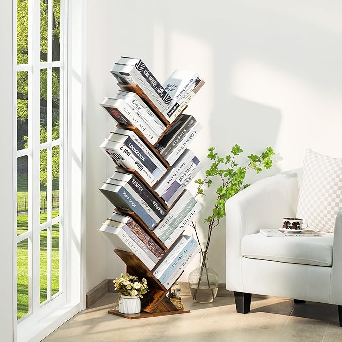 10 Tier Tree Book Shelf, Floor Standing Wood Bookshelf for Narrow Space, Storage Organizer Bookshelves for Books/CDs/Magazine, Bookcase with Shelves for Home Office, Living Room - Brown - LeafyLoom
