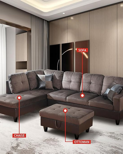 ROOMTEC 3 Piece L Shaped Sectional Sofa Set with Storage Ottoman, Left Facing Chaise Longue, Reversible Backrest w/ 2 Cup Holders, Flannel Tufted Cushions, for Living Room, Dark Brown - LeafyLoom
