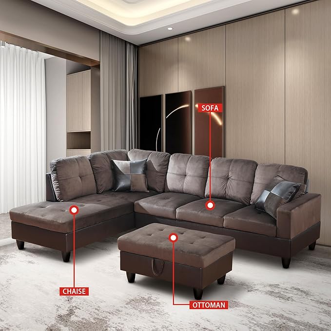 ROOMTEC 3 Piece L Shaped Sectional Sofa Set with Storage Ottoman, Left Facing Chaise Longue, Reversible Backrest w/ 2 Cup Holders, Flannel Tufted Cushions, for Living Room, Dark Brown - LeafyLoom
