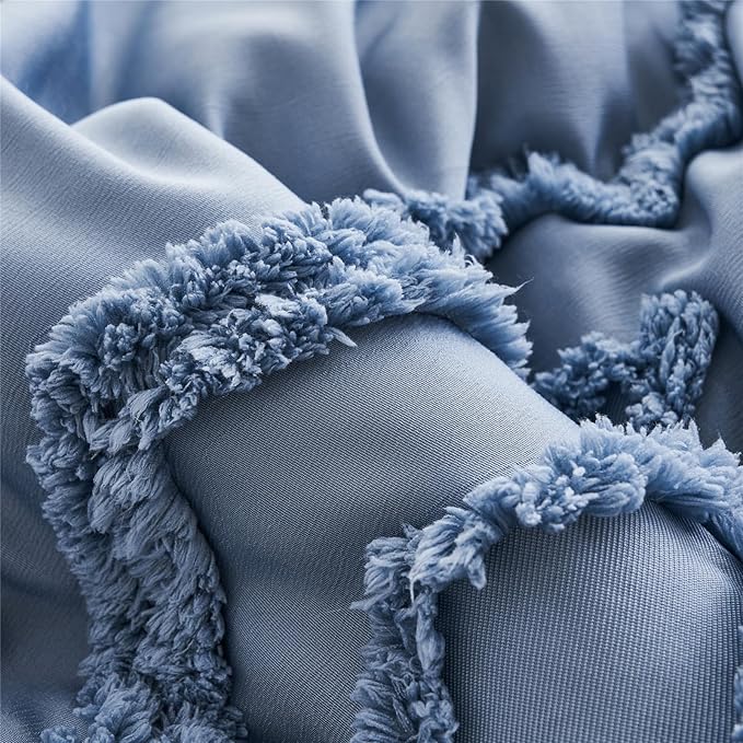 KAKIJUMN Blue Tufted 7-Piece Queen Comforter Set, Shabby Chic Boho Comforter and Sheet Set, All Season Soft Microfiber Complete Bedding Set - LeafyLoom