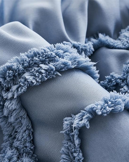 KAKIJUMN Blue Tufted Comforter Set Full Size 7 Piece Bed in a Bag, Shabby Chic Boho Comforter and Sheet Set, Pom Pom Textured Bed Set, All Season Soft Microfiber Complete Bedding Set(Blue,Full) - LeafyLoom