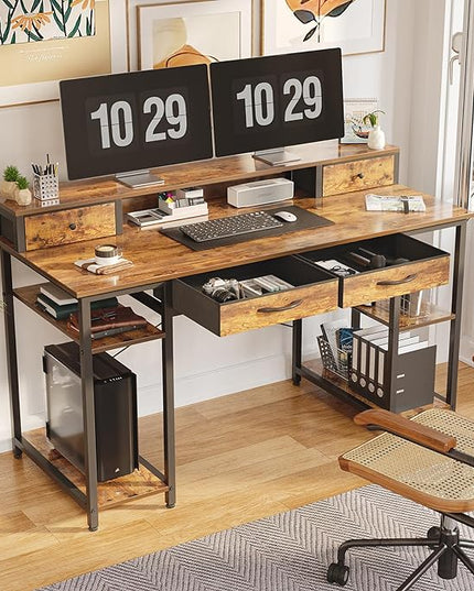 Treesland 55 Inch Computer Desk with Monitor Shelf, 24" Deep, Home Office Desks with Storage, Office Desk with 4 Drawers, Work Desk, Study Writing Desk, Desk with Drawers, Brown - LeafyLoom
