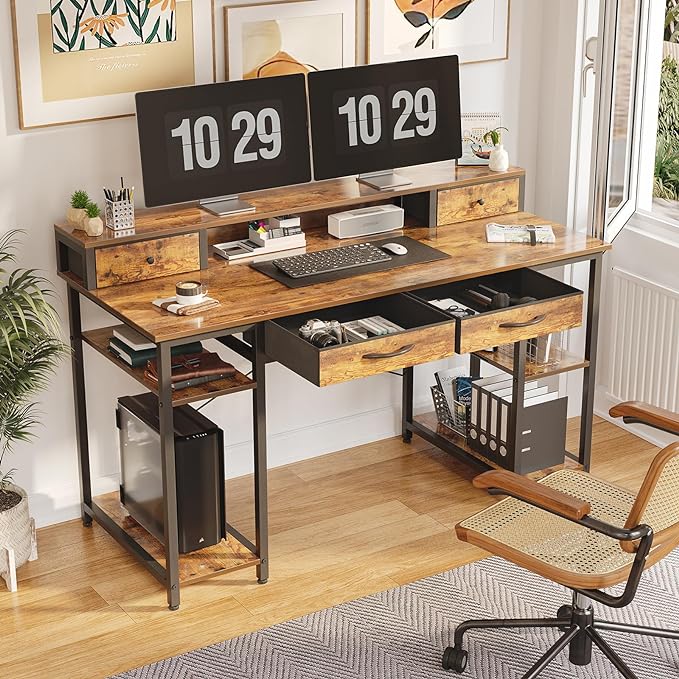 Treesland 55 Inch Computer Desk with Monitor Shelf, 24" Deep, Home Office Desks with Storage, Office Desk with 4 Drawers, Work Desk, Study Writing Desk, Desk with Drawers, Brown - LeafyLoom