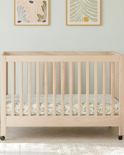 Babyletto Maki Full-Size 2-in-1 Portable Folding Crib with Toddler Bed Conversion Kit in Washed Natural, Greenguard Gold Certified - LeafyLoom