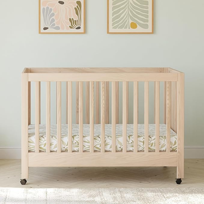 Babyletto Maki Full-Size 2-in-1 Portable Folding Crib with Toddler Bed Conversion Kit in Washed Natural, Greenguard Gold Certified - LeafyLoom