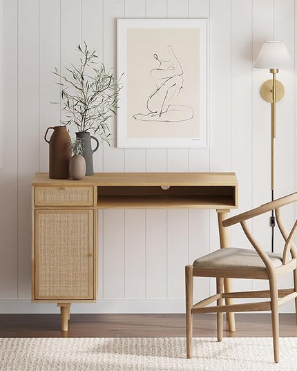 Nathan James Jacklyn Modern Home Office Writing Desk and Mina Rattan Wood End Side Accent Table Nightstand, Natural Brown and Oak/Black - LeafyLoom