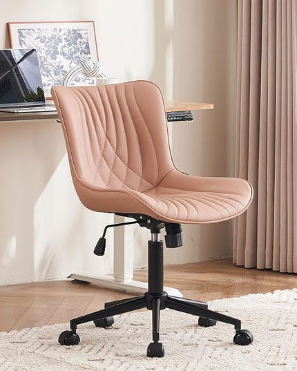YOUTASTE Office Chair Pink Armless Desk Chair with Wheels, Modern Faux Leather Padded Computer Task Chair, Adjustable Swivel Rolling Sewing Vanity Chair with Ergonomic Rocking Back, Nude Pink - LeafyLoom