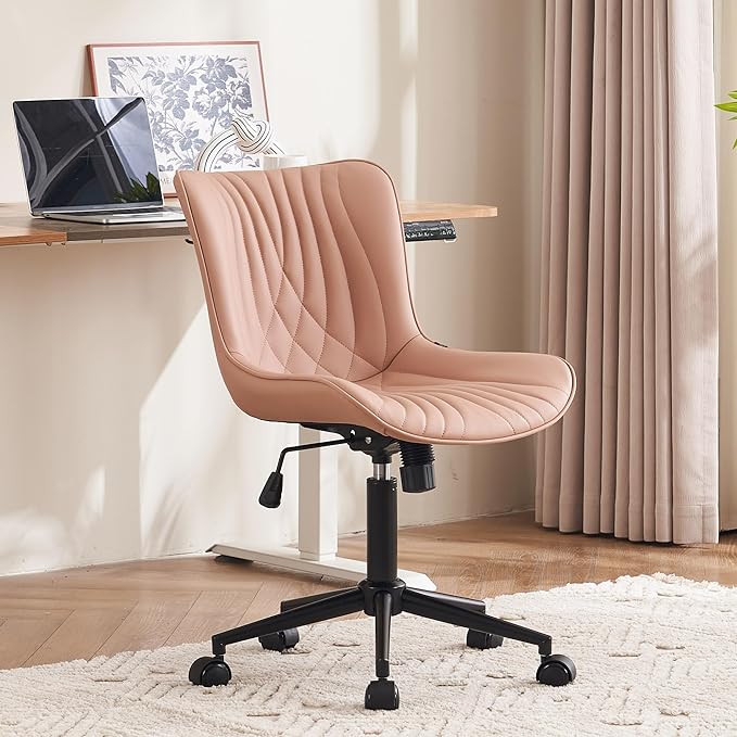 YOUTASTE Office Chair Pink Armless Desk Chair with Wheels, Modern Faux Leather Padded Computer Task Chair, Adjustable Swivel Rolling Sewing Vanity Chair with Ergonomic Rocking Back, Nude Pink - LeafyLoom