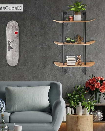 Industrial Shelves - 3 Tier Floating Shelf Bookcase with Mellow Concave Skateboard Decks - Natural Wood Stain Finish - Easy to Assemble - Bathroom Wall Decor, Book Shelf for Living Room - LeafyLoom
