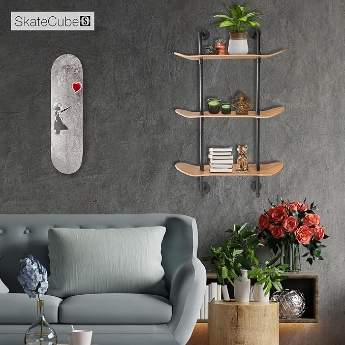 Industrial Shelves - 3 Tier Floating Shelf Bookcase with Mellow Concave Skateboard Decks - Natural Wood Stain Finish - Easy to Assemble - Bathroom Wall Decor, Book Shelf for Living Room - LeafyLoom