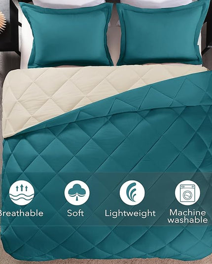 downluxe Queen Comforter Set - Teal Blue and White Queen Comforter, Soft Bedding Sets for All Seasons -3 Pieces - 1 Comforter (88"x92") and 2 Pillow Shams(20"x26") - LeafyLoom