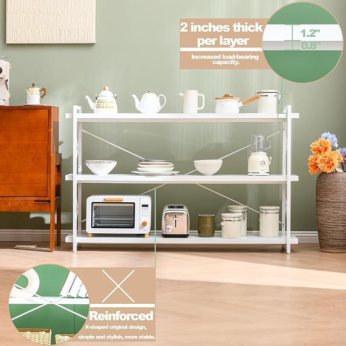 HCHQHS Bookshelf, 3-Tier Long Industrial Bookcase, White Open Book Shelf, Freestanding Horizontal Bookshelves with Metal Frame - LeafyLoom