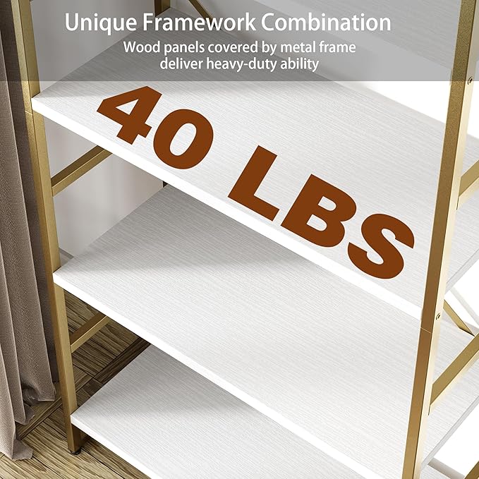 Shintenchi 2 Pieces 5 Tiers Bookshelf, Classically Tall Bookcase Shelf, Industrial Book Rack, Modern Book Holder in Bedroom/Living Room/Home/Office, Storage Rack Shelves for Books/Movies-Gold - LeafyLoom