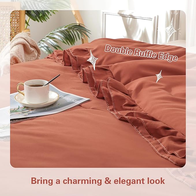 Terracotta Double Ruffle Comforter Set Twin Size (66x90 Inch), 2 Pcs Farmhouse Vintage Comforter Set (1 Ruffled Comforter and 1 Pillowcase), Rustic All Season Down Alternative Bedding Set - LeafyLoom