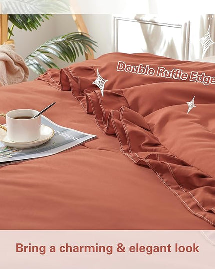Terracotta Double Ruffle Comforter Set Queen Size (90x90 Inch), 3 Pcs Farmhouse Vintage Comforter Set (1 Ruffled Comforter and 2 Pillowcase), Rustic All Season Down Alternative Bedding Set - LeafyLoom