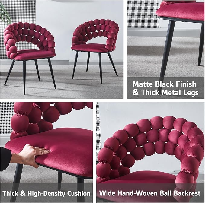 Fuchsia Woven Velvet Barrel Accent Chairs with Black Metal Legs, Upholstered Armchair for Dining Room Vanity Living Room - LeafyLoom
