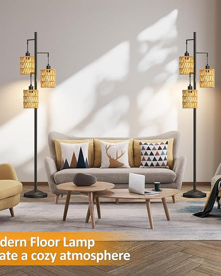 3-Lights Rattan Floor Lamps with ON/Off Foot Switch Tree Standing Lamp with Wood Rattan Lampshades Boho Floor Lamp Tall Pole Lamp for Living Room Bedroom Office, 3 PCS 6W Bulbs Included - LeafyLoom