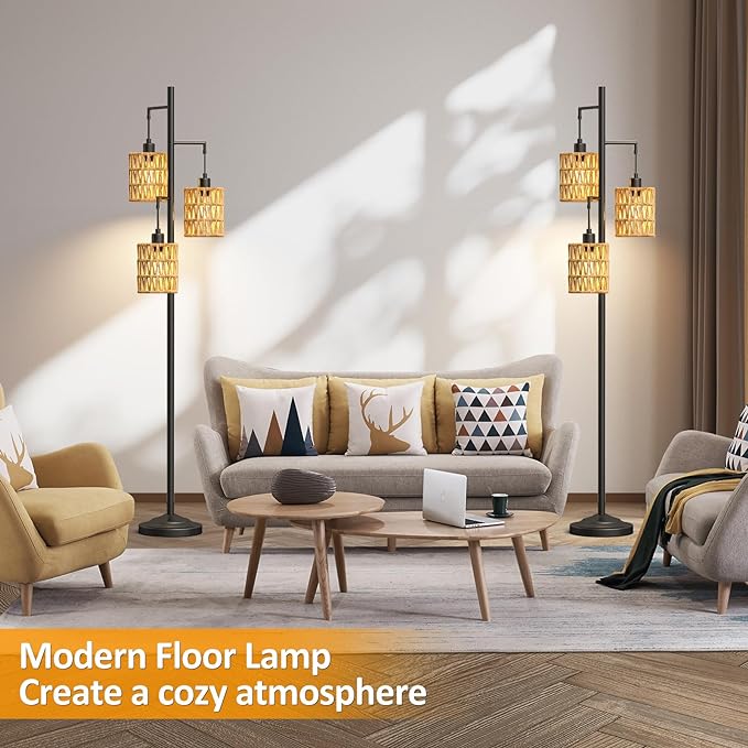3-Lights Rattan Floor Lamps with ON/Off Foot Switch Tree Standing Lamp with Wood Rattan Lampshades Boho Floor Lamp Tall Pole Lamp for Living Room Bedroom Office, 3 PCS 6W Bulbs Included - LeafyLoom