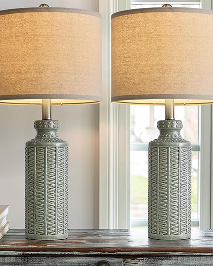 24.75'' Farmhouse Light-Green Ceramic Single Table Lamp for Bedroom Living Room Vintage Traditional Rustic Modern Nightstand Bedside Lamps - LeafyLoom