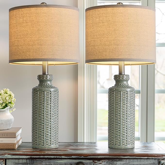 24.75'' Farmhouse Light-Green Ceramic Single Table Lamp for Bedroom Living Room Vintage Traditional Rustic Modern Nightstand Bedside Lamps - LeafyLoom