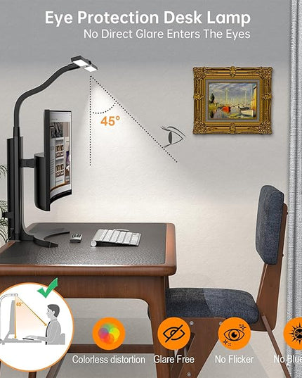 LED Desk Lamp for Home Office, Bright Adjustable Gooseneck Architect Desk Lamp with Clamp, Smart Dimmable Computer Desk Lamp with Remote & Sensor, Clip Table Light for Work Study Reading, 24W - LeafyLoom