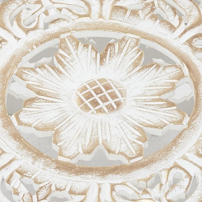 Deco 79 Wood Floral Handmade Living Room Coffee Table Intricately Carved Table with Arched Cutouts and Brown Distressing, Center Table 33" x 33" x 18", Cream - LeafyLoom