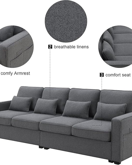 104" Modern Sofa, 4-seat Couch with Armrest Pockets and 4 Pillows for Living Room, Apartment, 104inch, Dark Gray - LeafyLoom