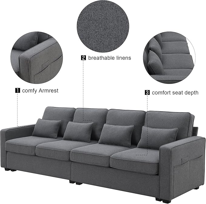 104" Modern Sofa, 4-seat Couch with Armrest Pockets and 4 Pillows for Living Room, Apartment, 104inch, Dark Gray - LeafyLoom
