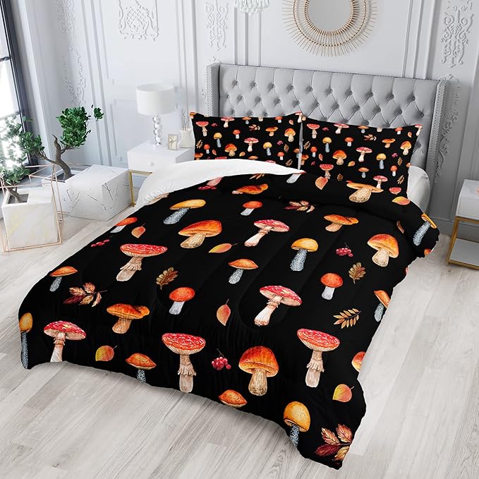 Colorful Mushroom Comforter Set Twin Size Kids Mushroom Bedding Set Leaves Quilt Bed Set for Boys Girls Adults with 1 Comforter and 2 Pillowcases - LeafyLoom