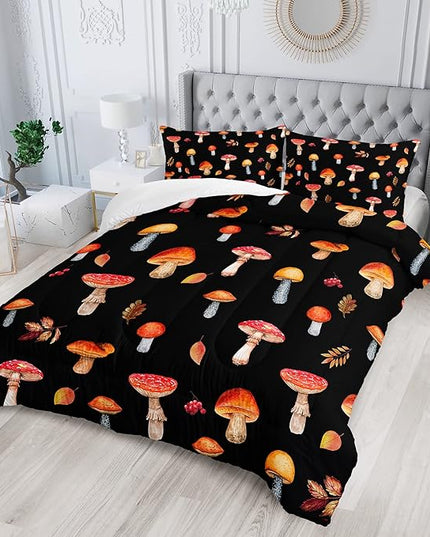 Colorful Mushroom Comforter Set Full Size Kids Mushroom Bedding Set Leaves Quilt Bed Set for Boys Girls Adults with 1 Comforter and 2 Pillowcases - LeafyLoom