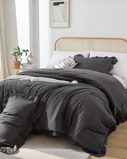 JANZAA Dark Grey Comforter for Queen Size Bed Queen Comforter Set with Ruffles 3PCS (1 Gray Comforter and 2 Pillowcases) Shabby Chic Bedding Comforter Sets Soft Fluffy Bed Set for All Season - LeafyLoom