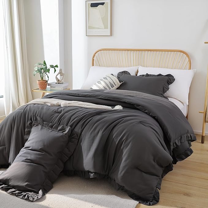 JANZAA Dark Grey Comforter for Queen Size Bed Queen Comforter Set with Ruffles 3PCS (1 Gray Comforter and 2 Pillowcases) Shabby Chic Bedding Comforter Sets Soft Fluffy Bed Set for All Season - LeafyLoom