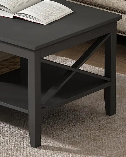 ChooChoo Oxford Coffee Table with Thicker Legs, Black Wood Coffee Table with Storage for Living Room, 47 inch - LeafyLoom